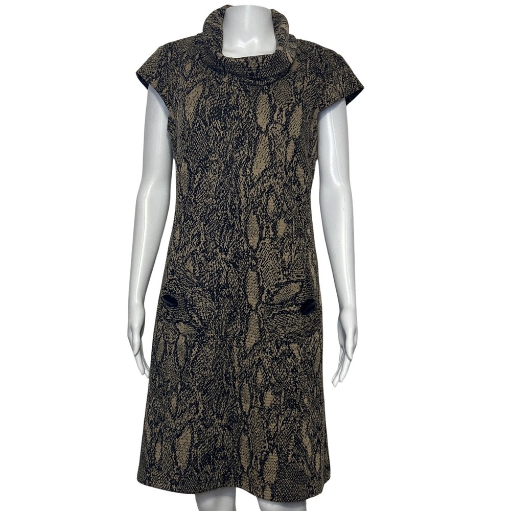 Snakeskin Print Cowl Neck Cap Sleeve Dress Black Brown Pockets R&K Originals Sz6